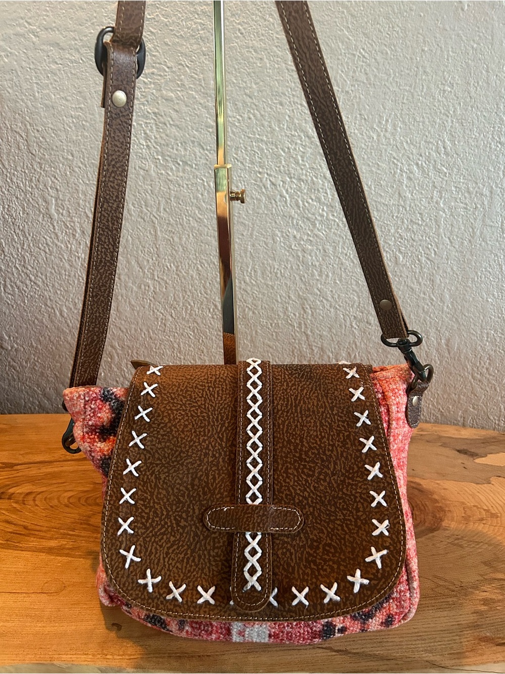 MINT Vintage Myra Bag "Ancestral Sun" Woven Aztec Rug Leather Crossbody Purse